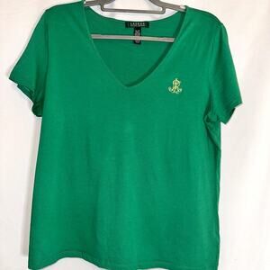 Vintage Ralph Lauren Green V-Neck Cotton T-Shirt Preppy Women's Size XLarge